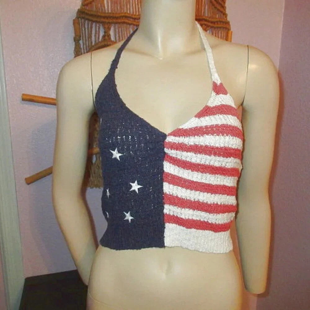 American Eagle Knit Crop Top Size M Halter Flag Patriotic Festival Hippie Boho